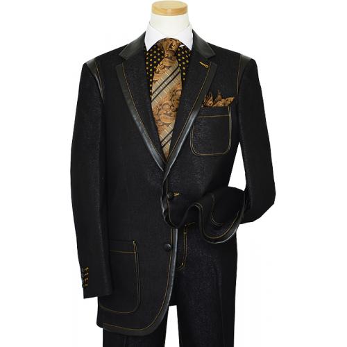 Il Canto Black Denim Iridescent Suit With Rust Hand-Pick Stitching 100% Cotton 8355